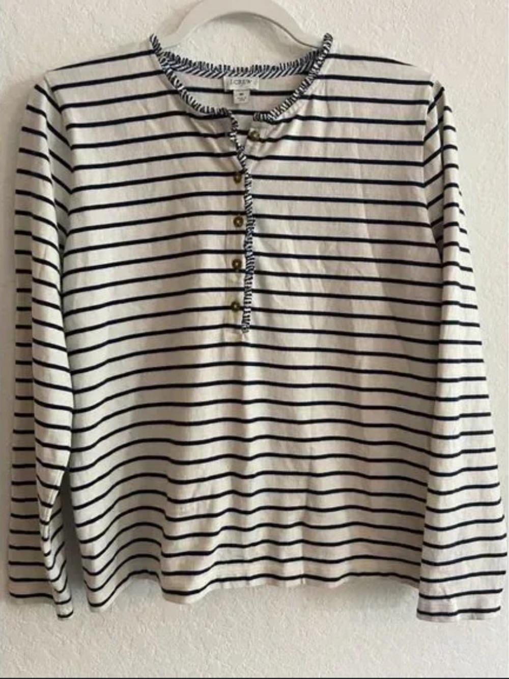 J. Crew Ivory Striped Ruffle-Collar Henley Top Long Sleeve | Women's Small